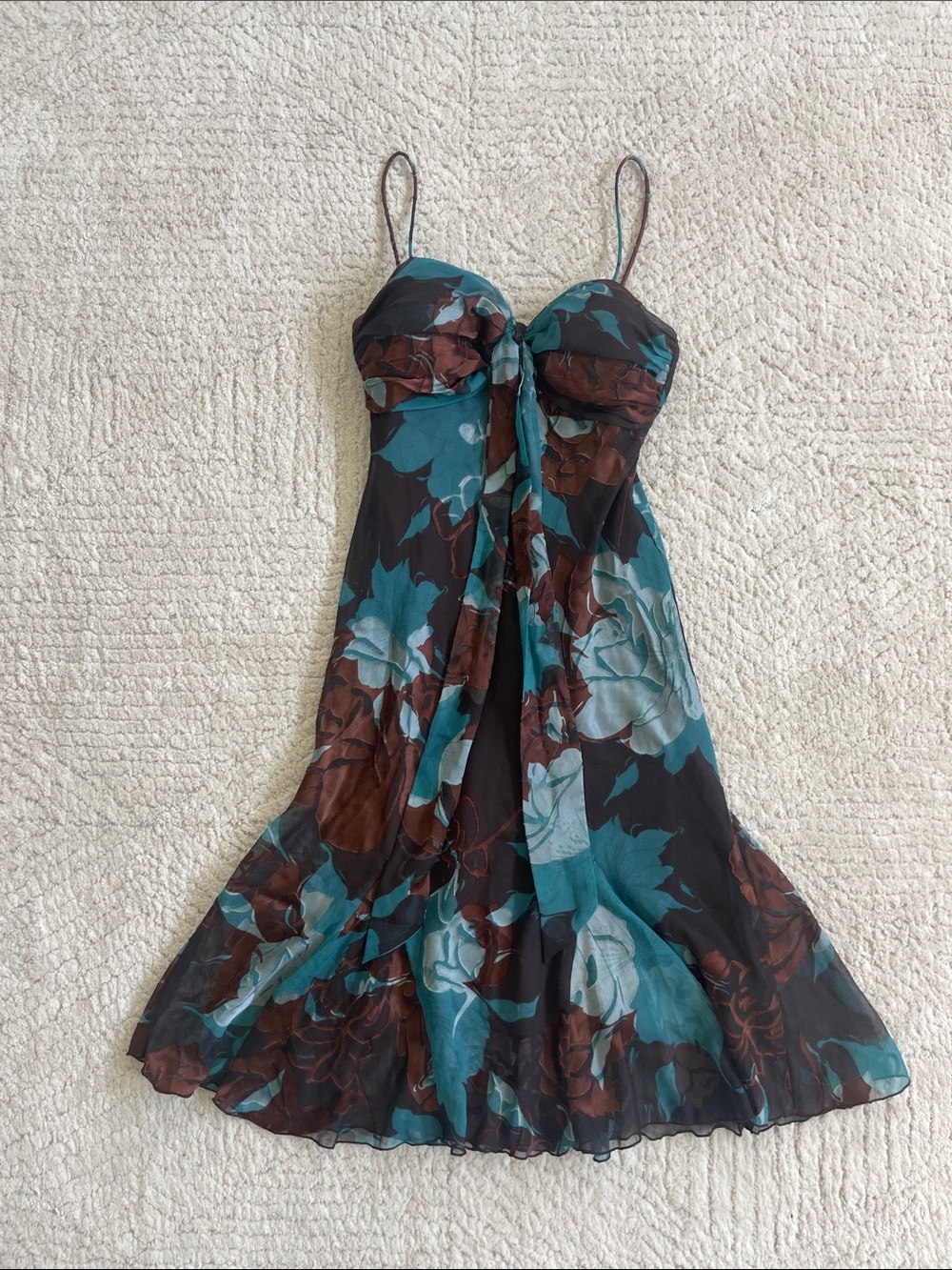 S.L. Fashions Teal and Brown Spaghetti Strap Floral Dress